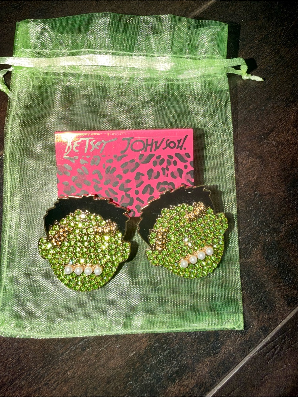 Betsey Johnson Franken Green Crystal Face Stud Earrings with Black Hair Detail